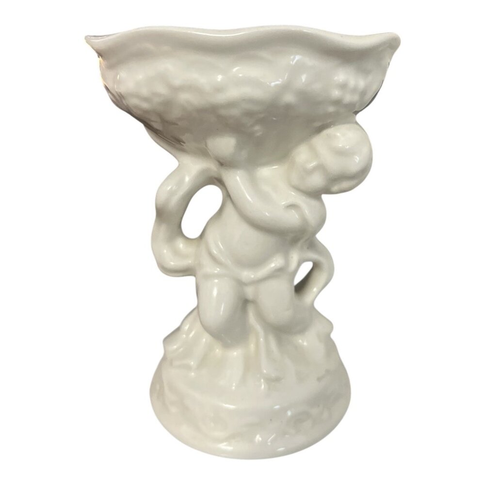 Vtg White Cherub Compote Vase – Made in England, Glossy Porcelain, Scalloped Rim